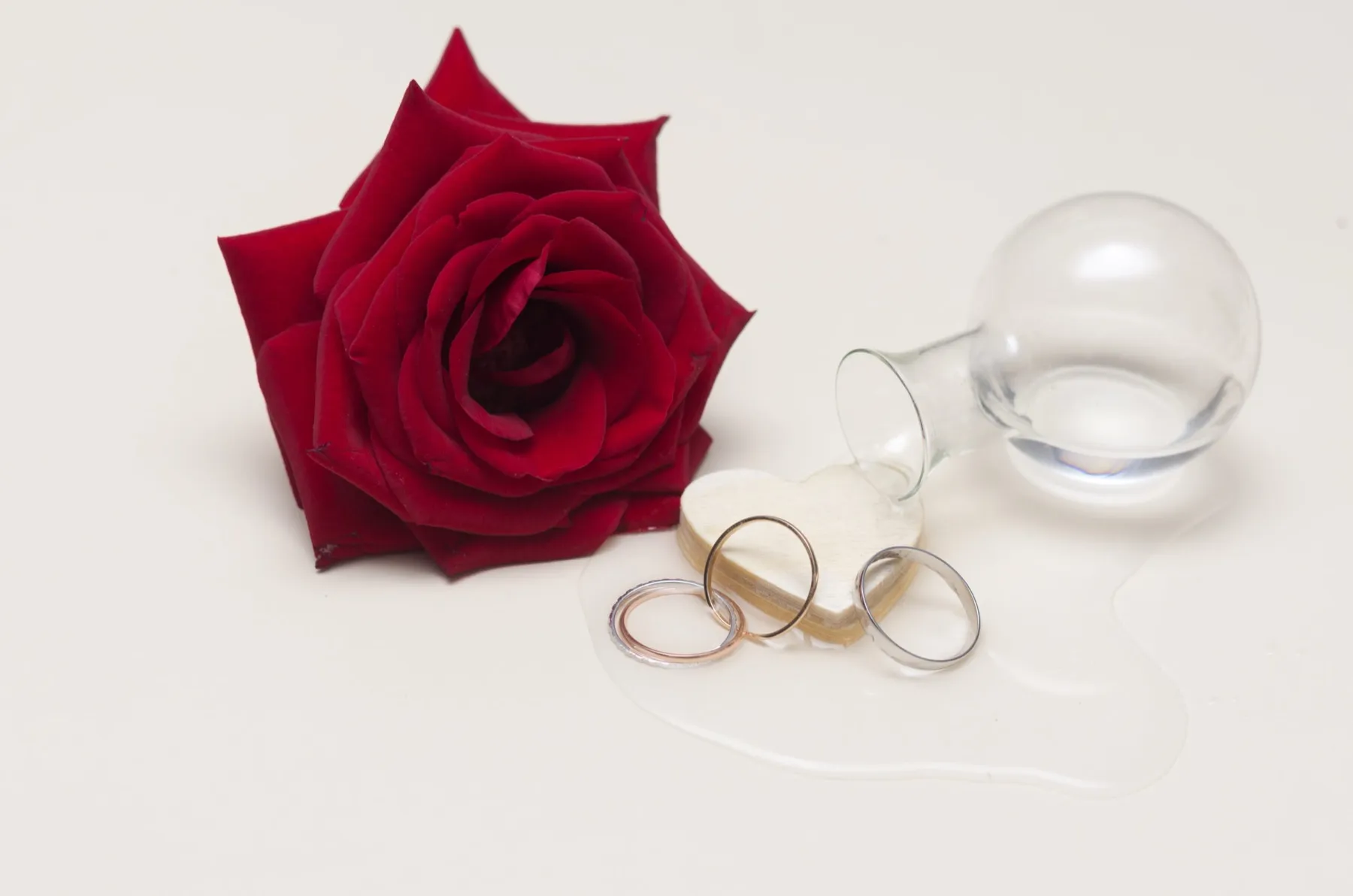 Les alliances posées près d’une rose rouge et d’une sphère en verre