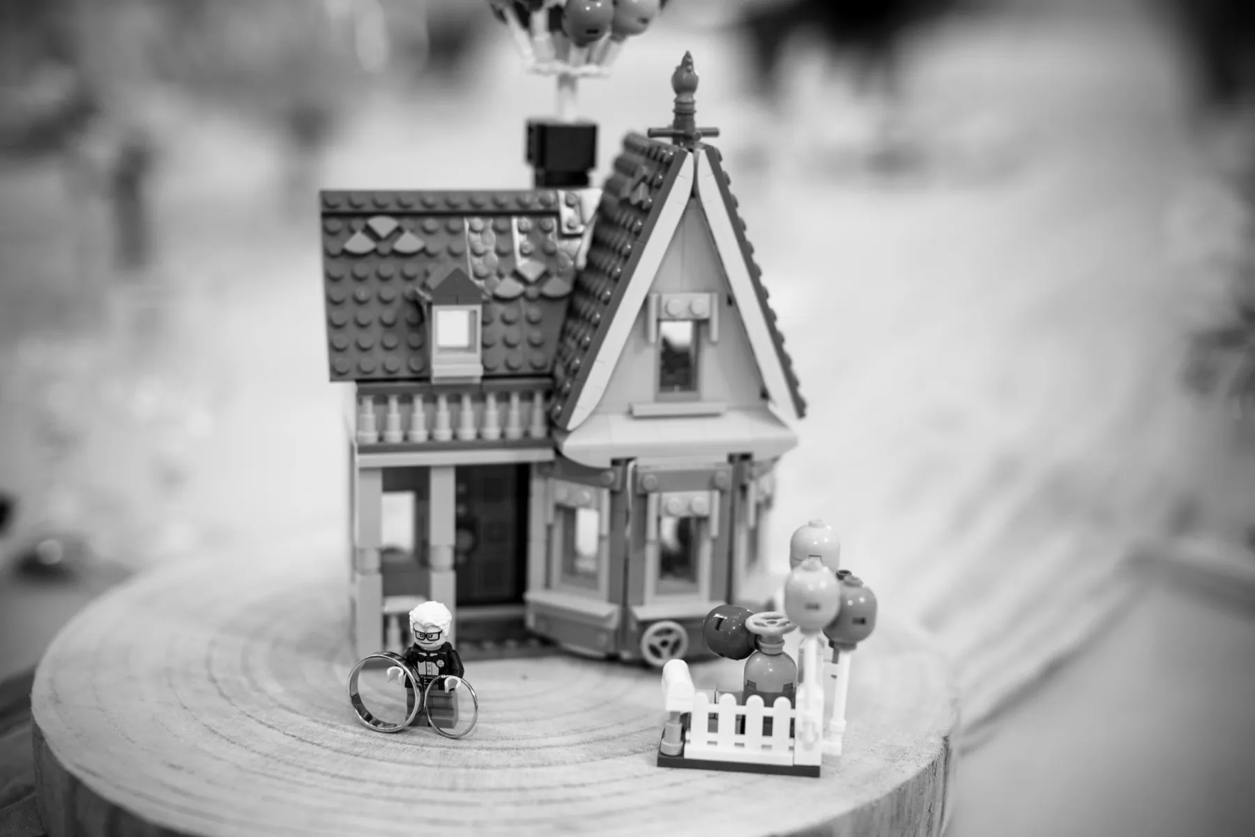 En noir et blanc, les alliances près d’une maquette de la maison du dessin animé « Là-haut », accrochée à ses ballons